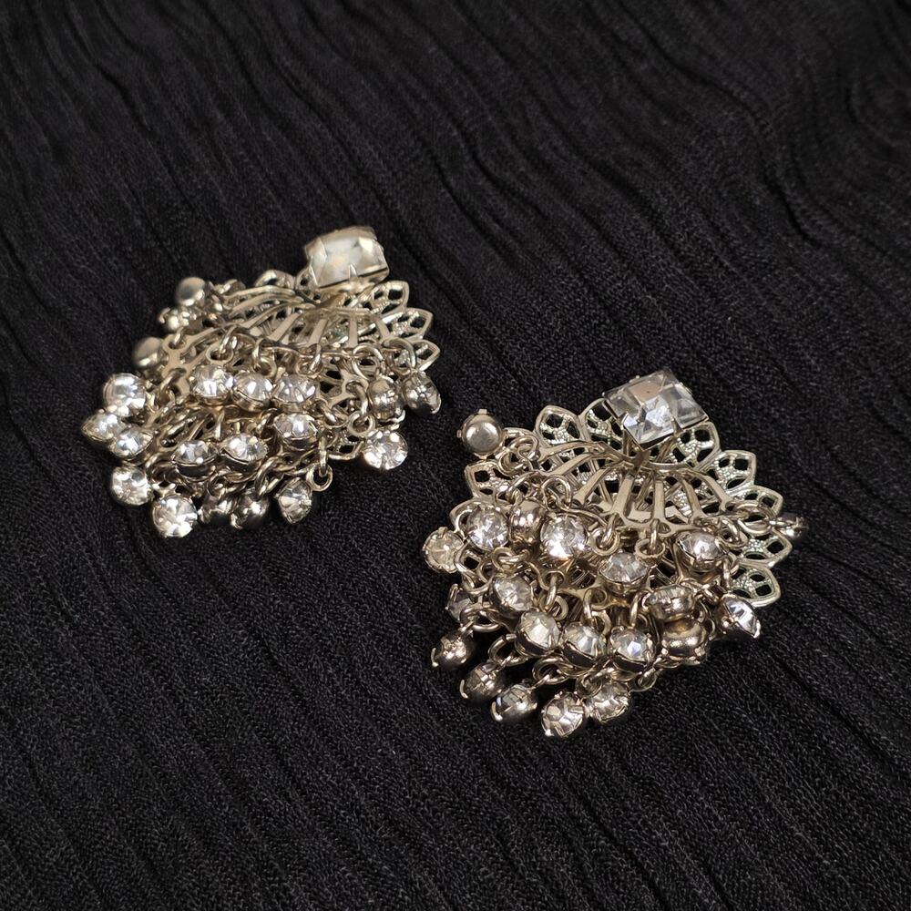 Vintage Rhinestone Chandelier Clip On Earrings Silver Tone Glam Striped Large